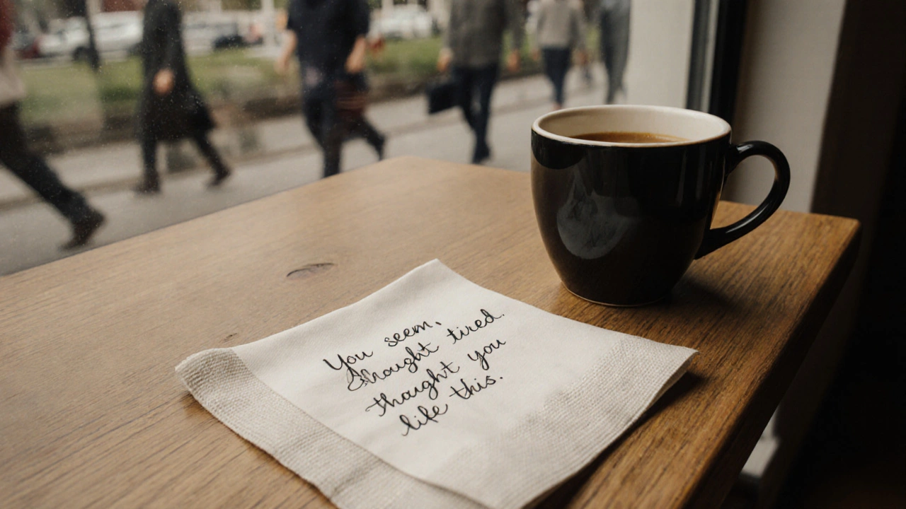 A handwritten note beside a coffee cup in a London café, conveying quiet kindness and emotional awareness.