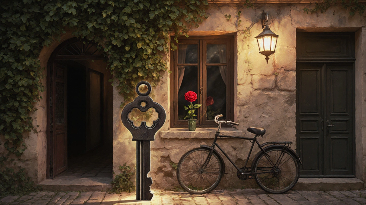 A hidden courtyard in Montmartre revealed by a glowing key, ivy-covered walls and a single rose.