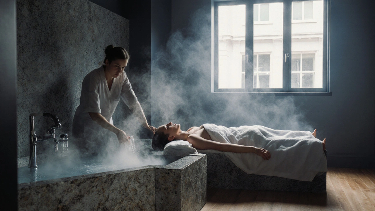 A luxurious hydrotherapy studio in Mayfair with steam rising near a massage area, a client wrapped in a towel, and professional, clean surroundings.