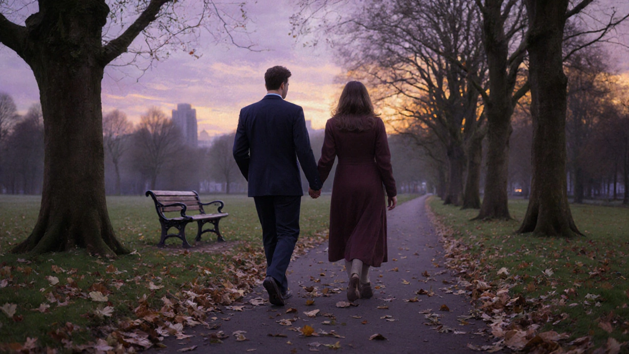 A man and woman walking peacefully along a tree-lined path on Hampstead Heath at dusk.