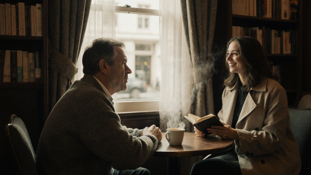 A man in a café receives a book from a woman across the room, morning light, unspoken connection.