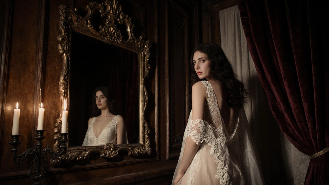 A model poses in lace lingerie before an ornate mirror, lit by candlelight in a Montmartre atelier.