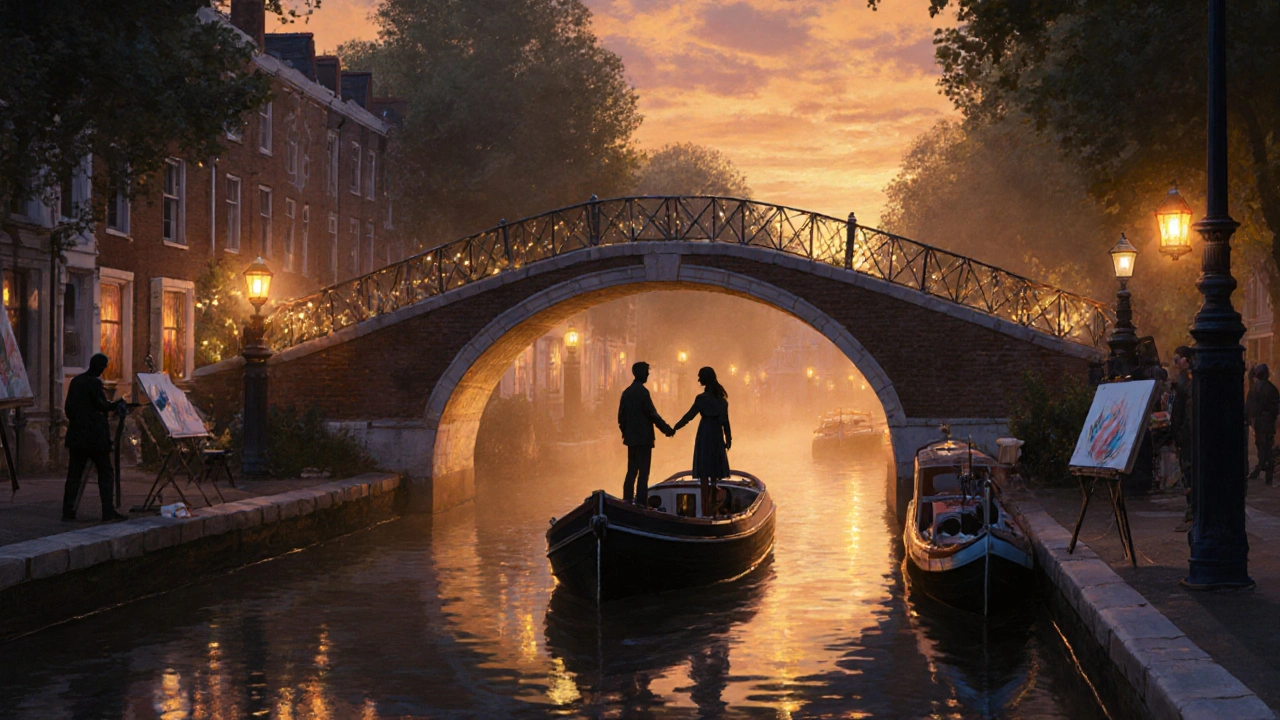 A narrowboat gliding under a bridge at dusk on the Regent&#039;s Canal with fairy lights reflecting on water.