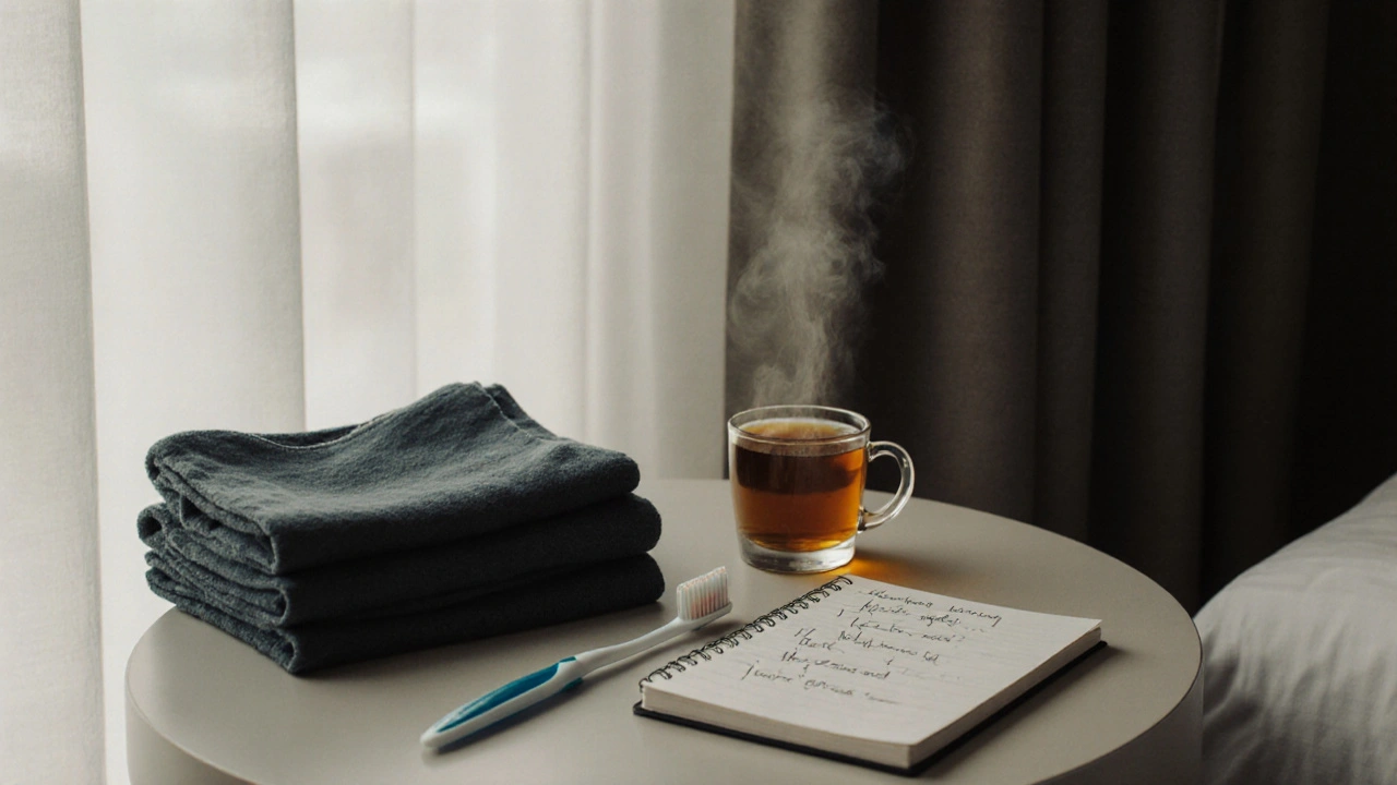 A neatly arranged bedside table in a hotel room with clothes, a toothbrush, and a steaming cup of tea.