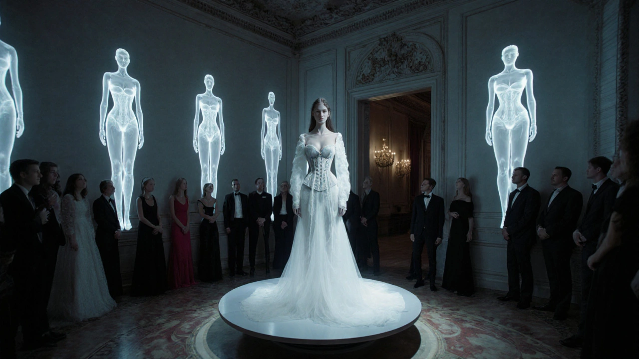 A performance model on a rotating platform surrounded by projected digital sculptures in a historic Paris mansion.