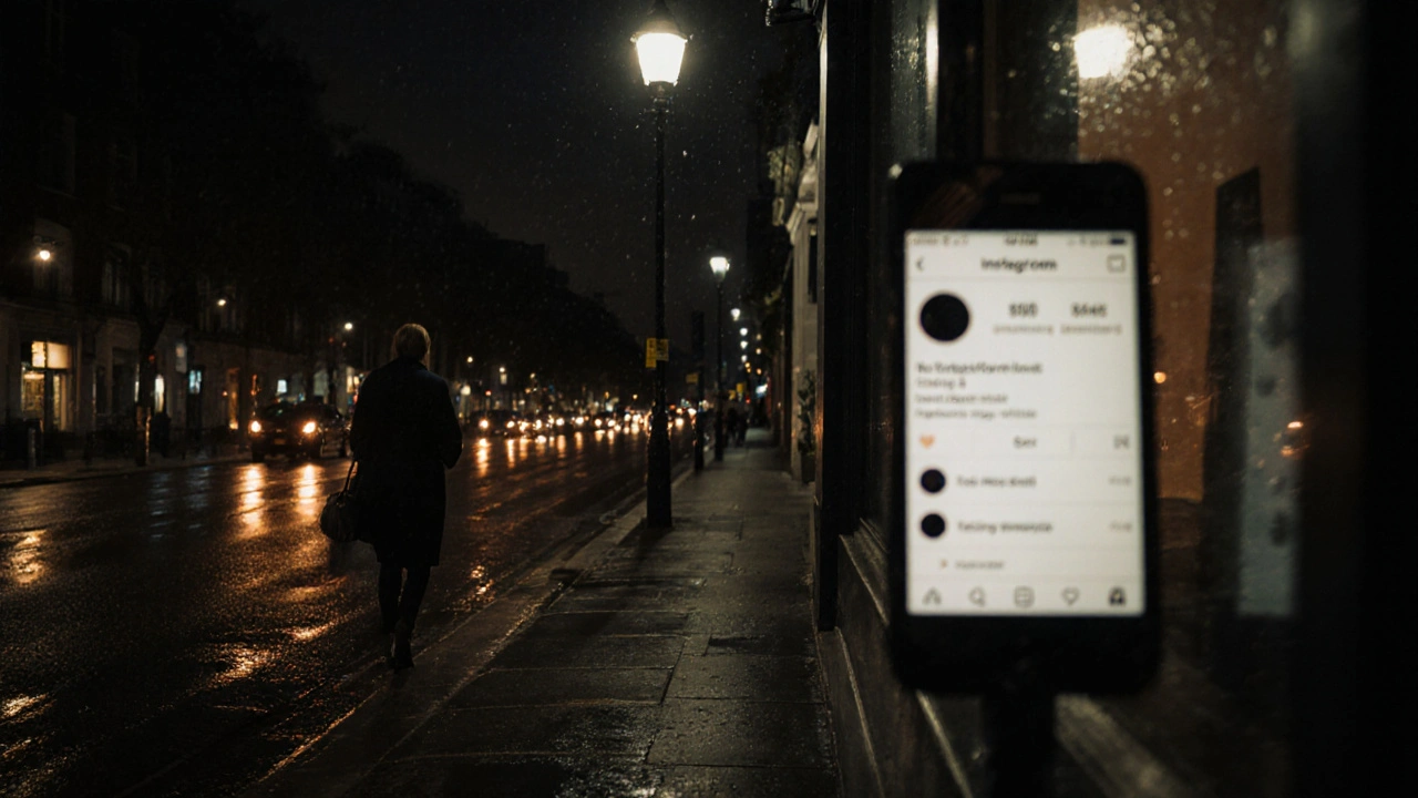 A person walking at night in Kensington, phone reflection showing a discreet Instagram profile.