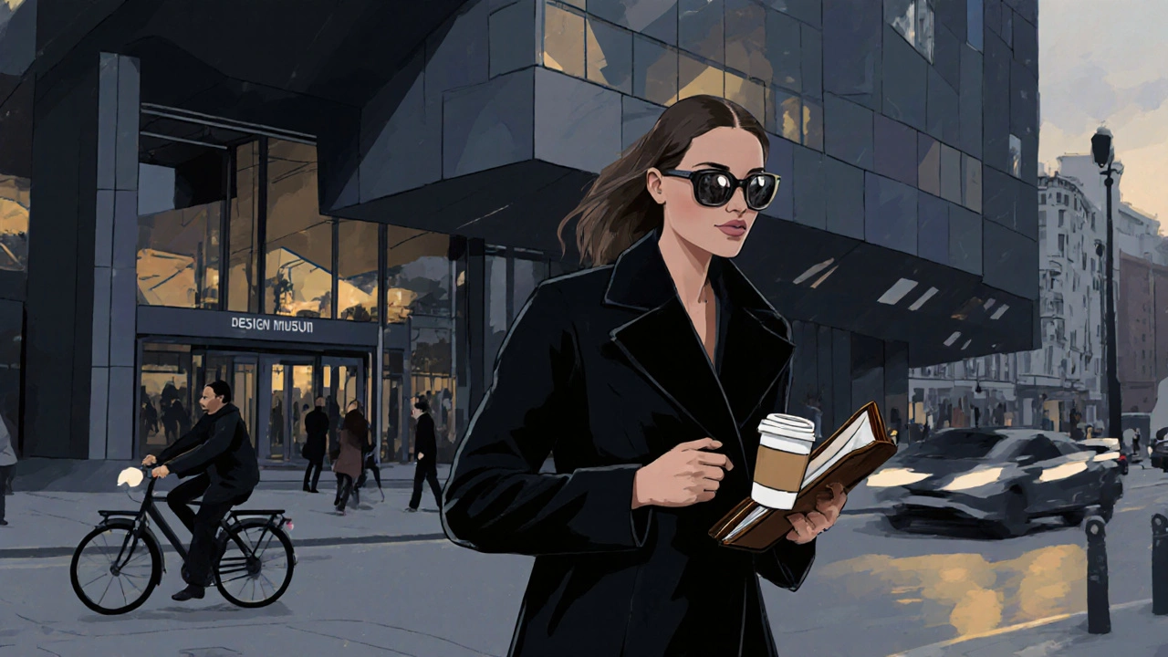 A polished escort walking past the Design Museum at dusk, holding coffee and a notebook, city lights reflecting softly.