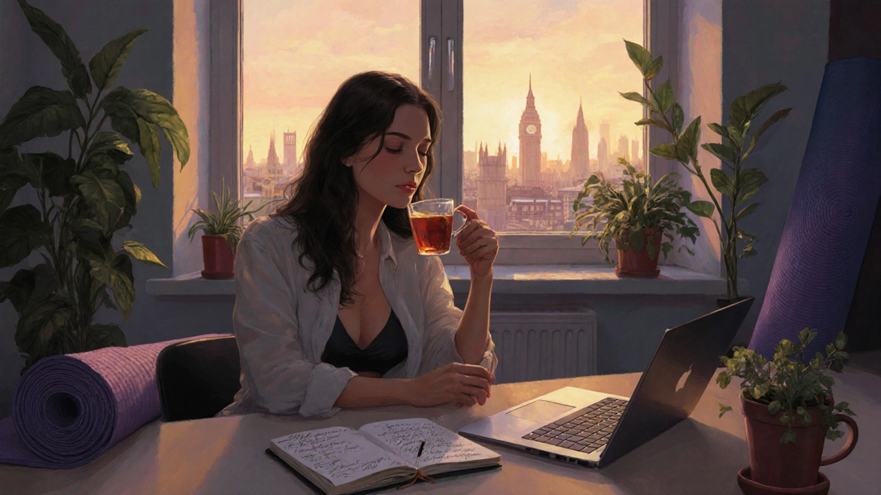 A professional woman relaxes in her personal space after work, journal open, tea nearby, calm and composed.