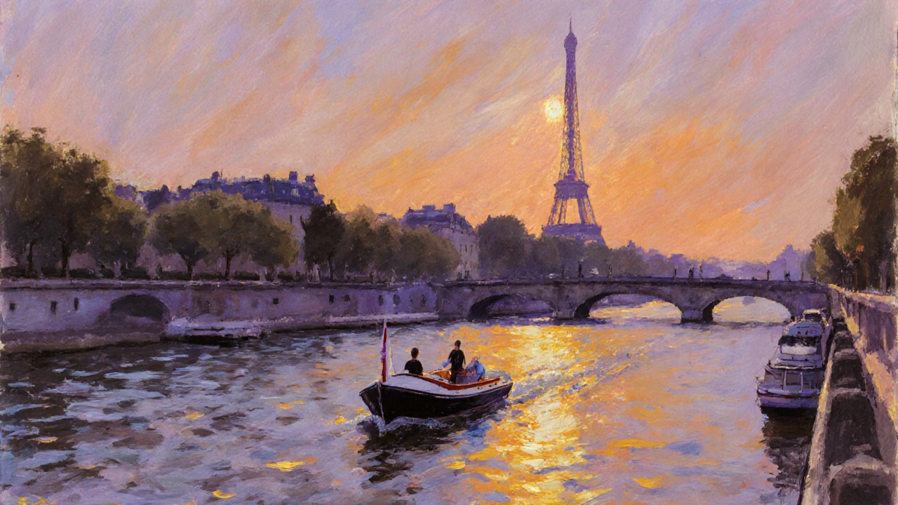 A quiet boat ride on the Seine at sunset with the Eiffel Tower glowing in the distance.