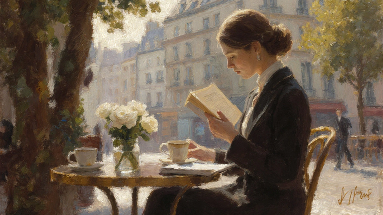 A sophisticated woman reads quietly at a Parisian café, white roses beside her cup, soft afternoon light.