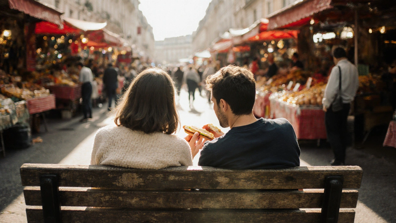 A traveler and local sit together on a bench at a Paris market, sharing food in the morning sunlight.