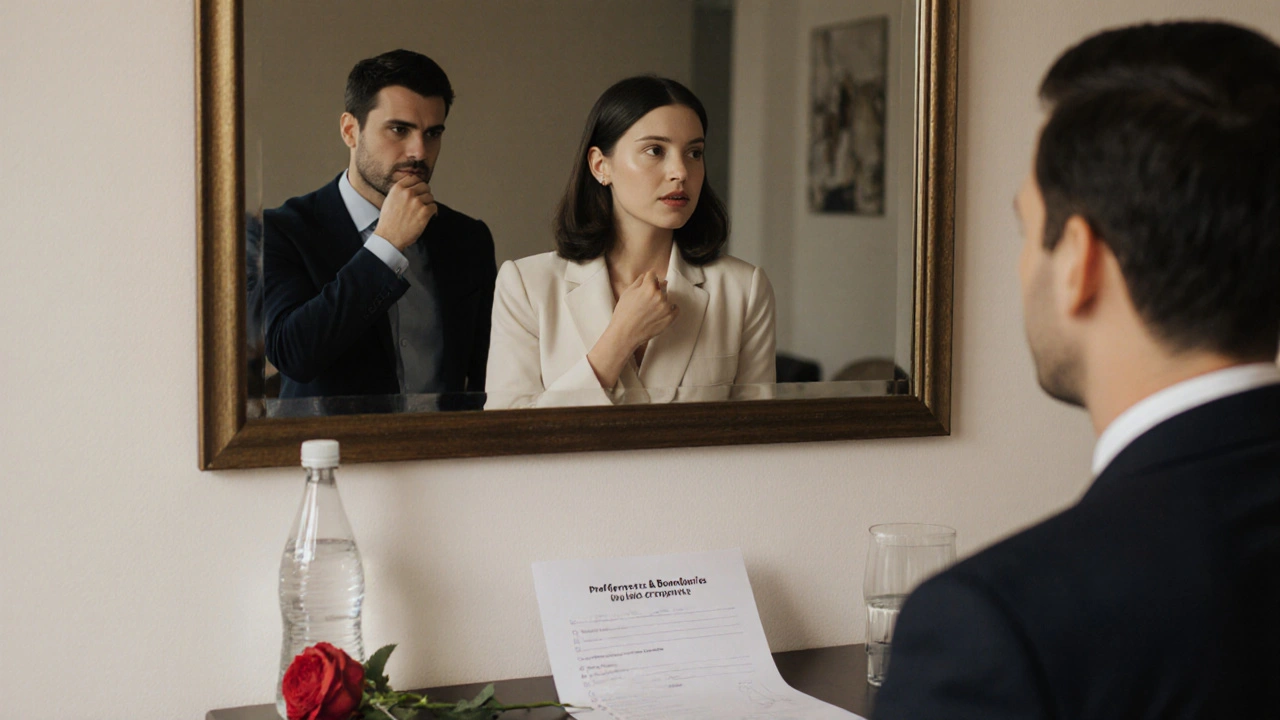 A woman asks a thoughtful question in a professional London apartment, with a preferences questionnaire visible on the table.