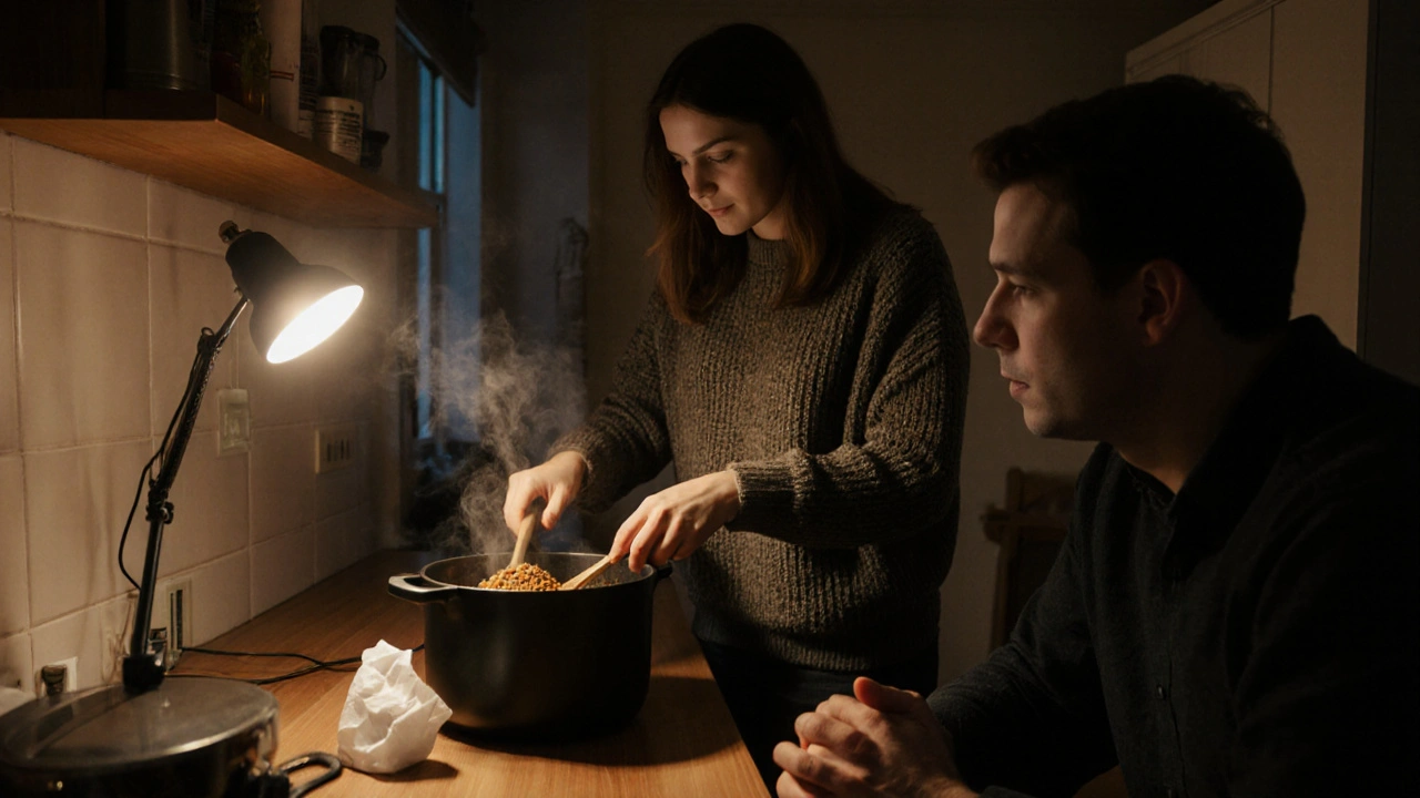 A woman cooking lentils in her kitchen while a man sits quietly at the table, emotionally present.
