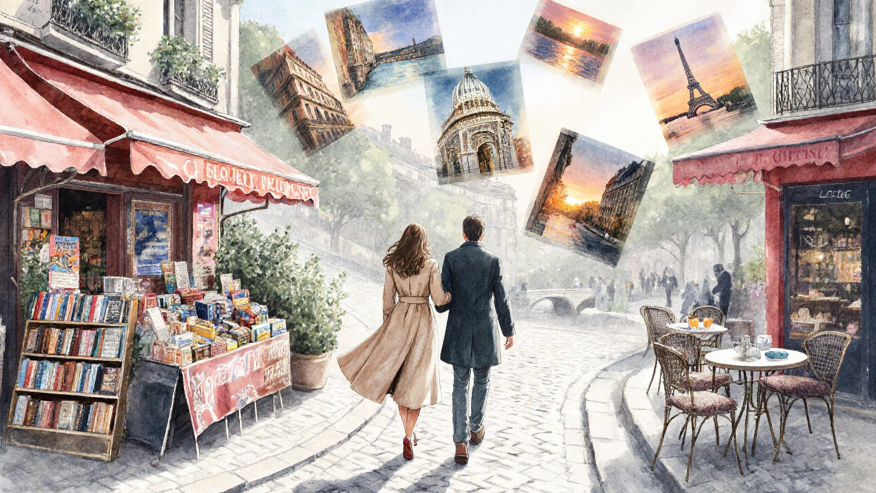 A woman guides a traveler through Montmartre, with floating images of Parisian experiences around them.