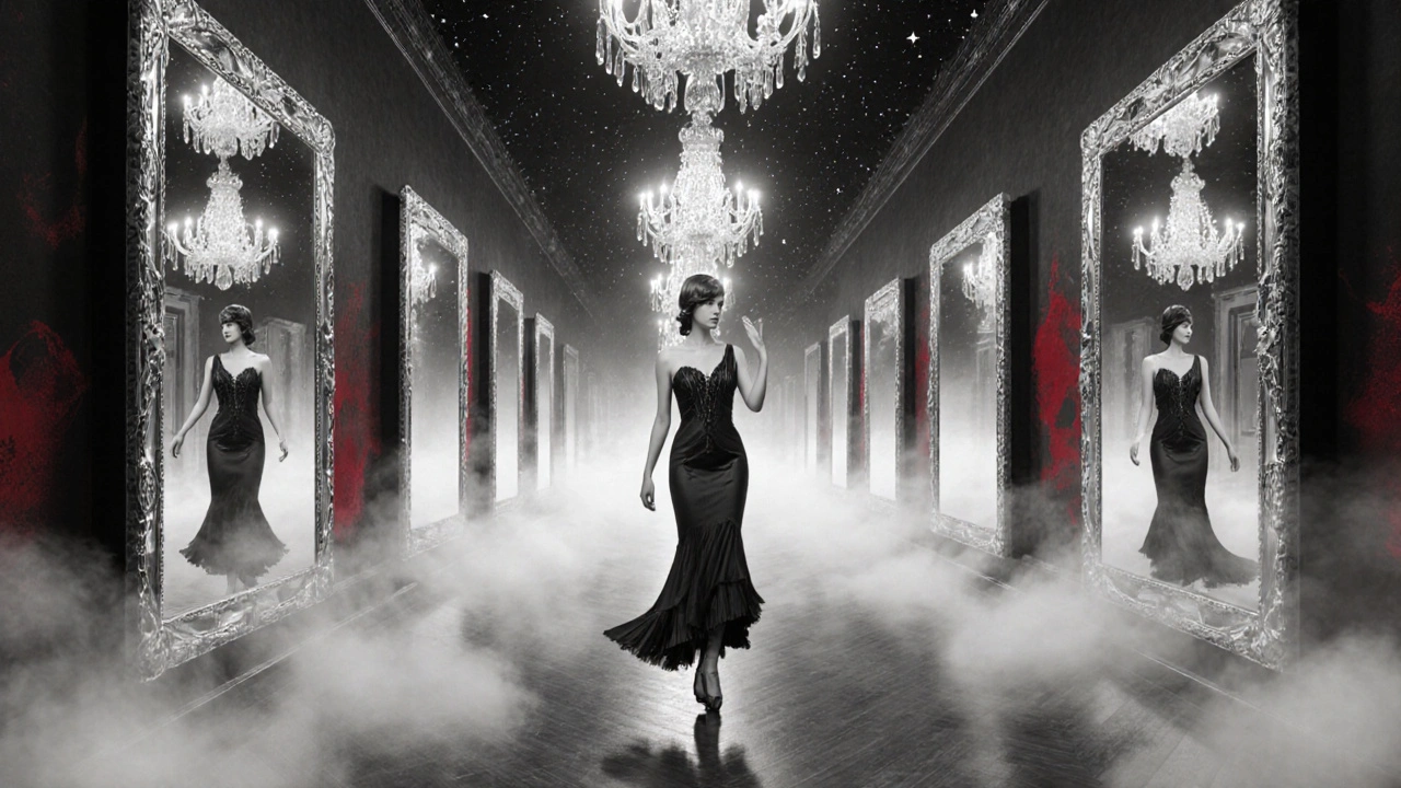 A woman in a 1920s dress walks through a mirrored corridor in Paris, each reflection showing a different persona under starlit fog.