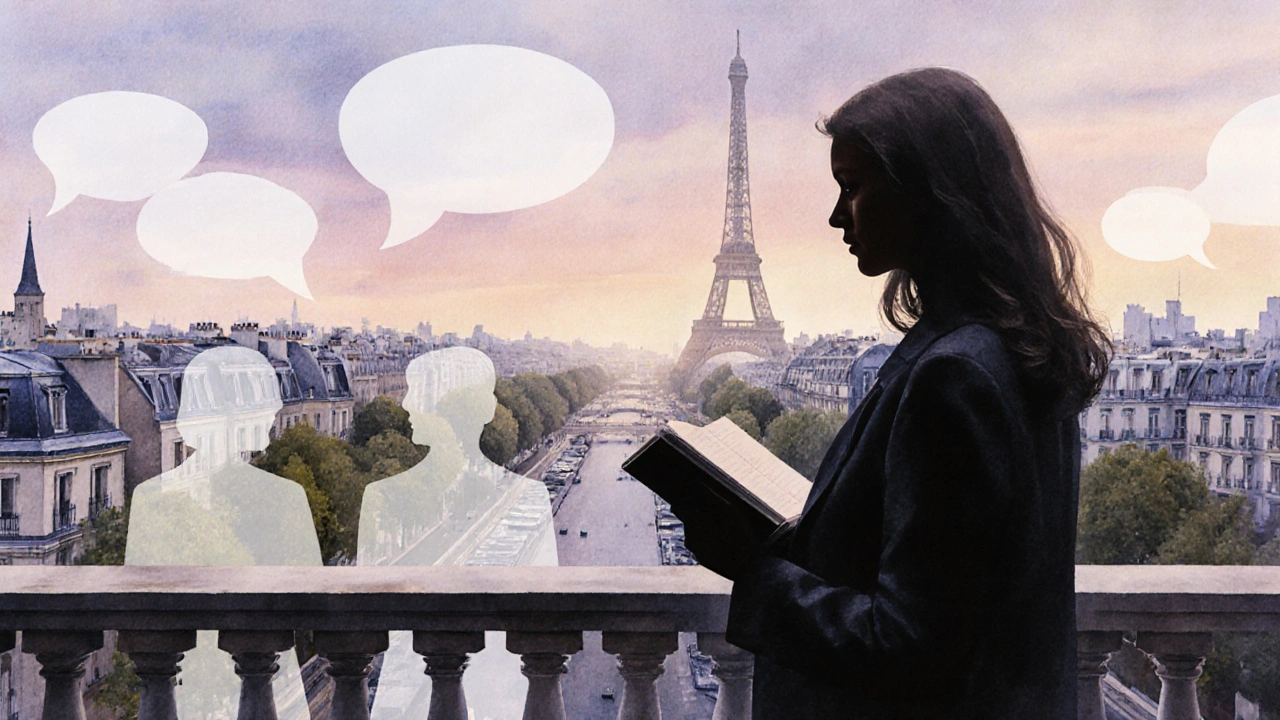 A woman on a balcony at twilight, surrounded by faint silhouettes symbolizing meaningful human connections.