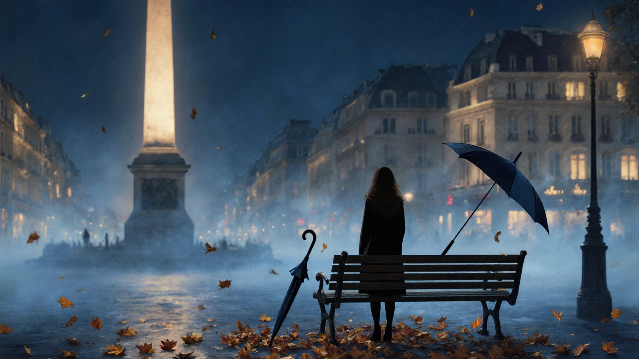 A woman sits alone on a bench near Place de la Concorde as autumn leaves swirl around her at night.