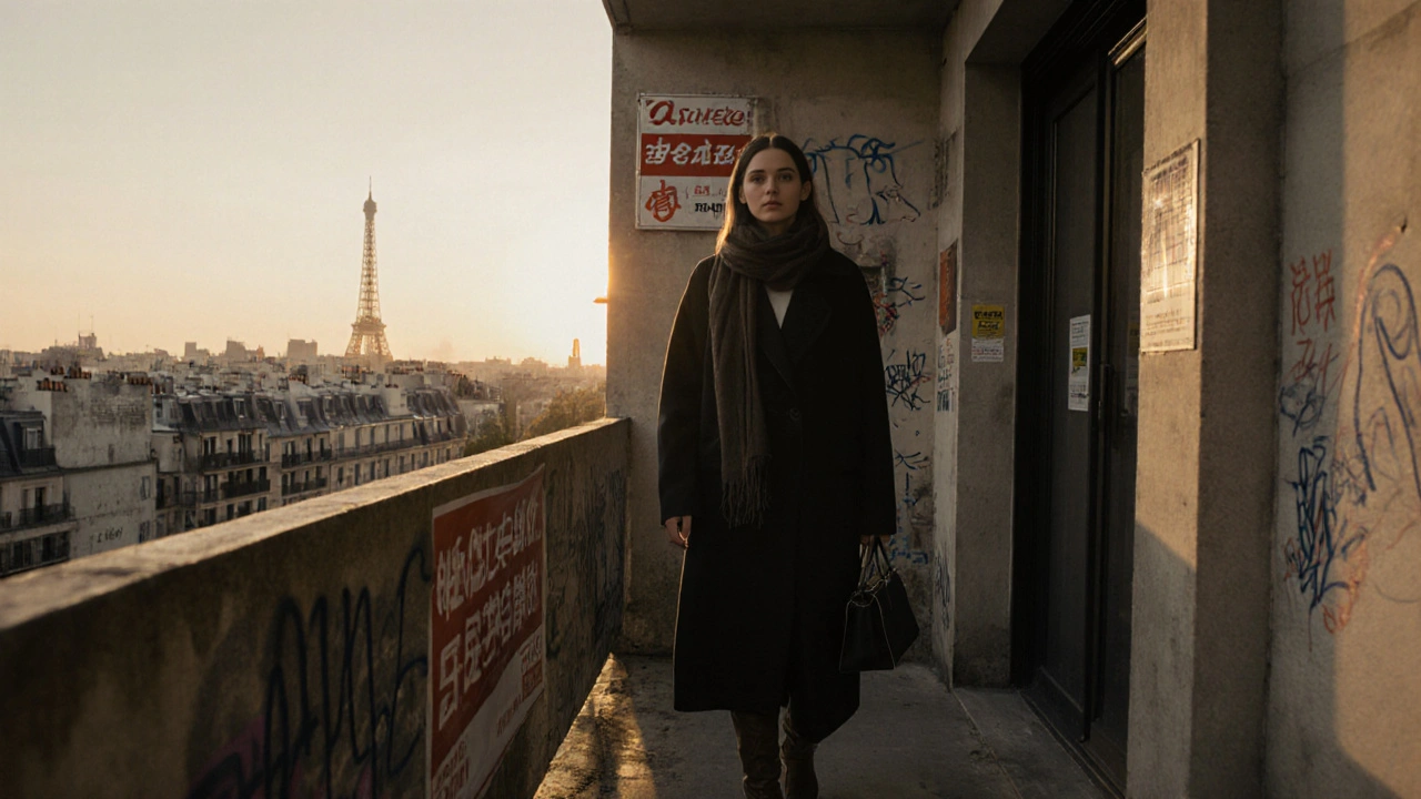A woman walking away from an apartment building in Paris 13 at dusk, stylish and composed, neighborhood lights behind her.