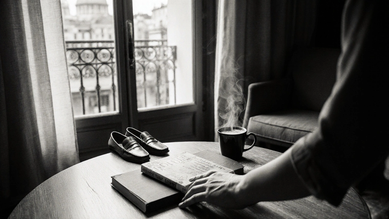 A worn copy of Proust rests beside a cup of coffee on a wooden table in a sunlit Paris apartment, empty chair opposite.