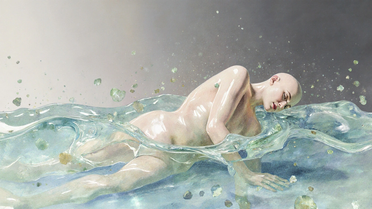 Abstract watercolor forms flowing together like waves, symbolizing skin-to-skin connection and emotional release.