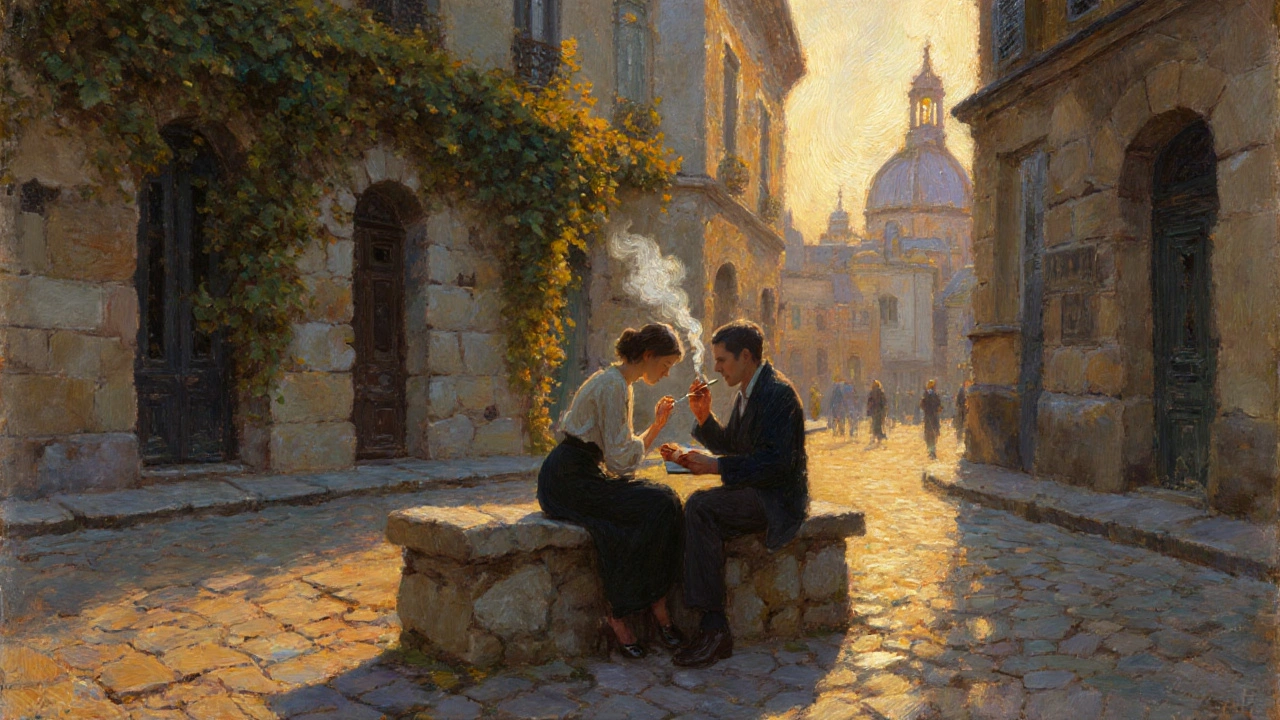 An artist and a woman share a quiet moment in a vine-covered Montmartre courtyard at sunset.