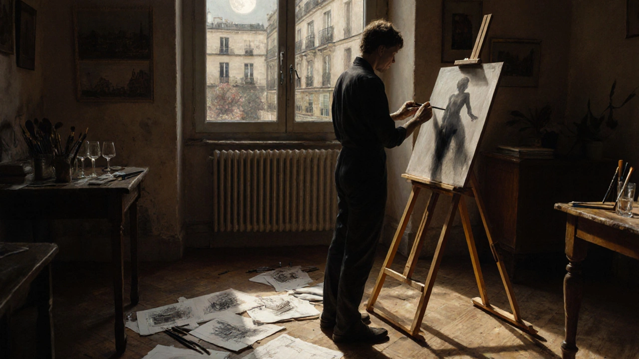 An artist sketches a muse in a sunlit studio, charcoal on paper, wine glasses and sketches scattered around them.