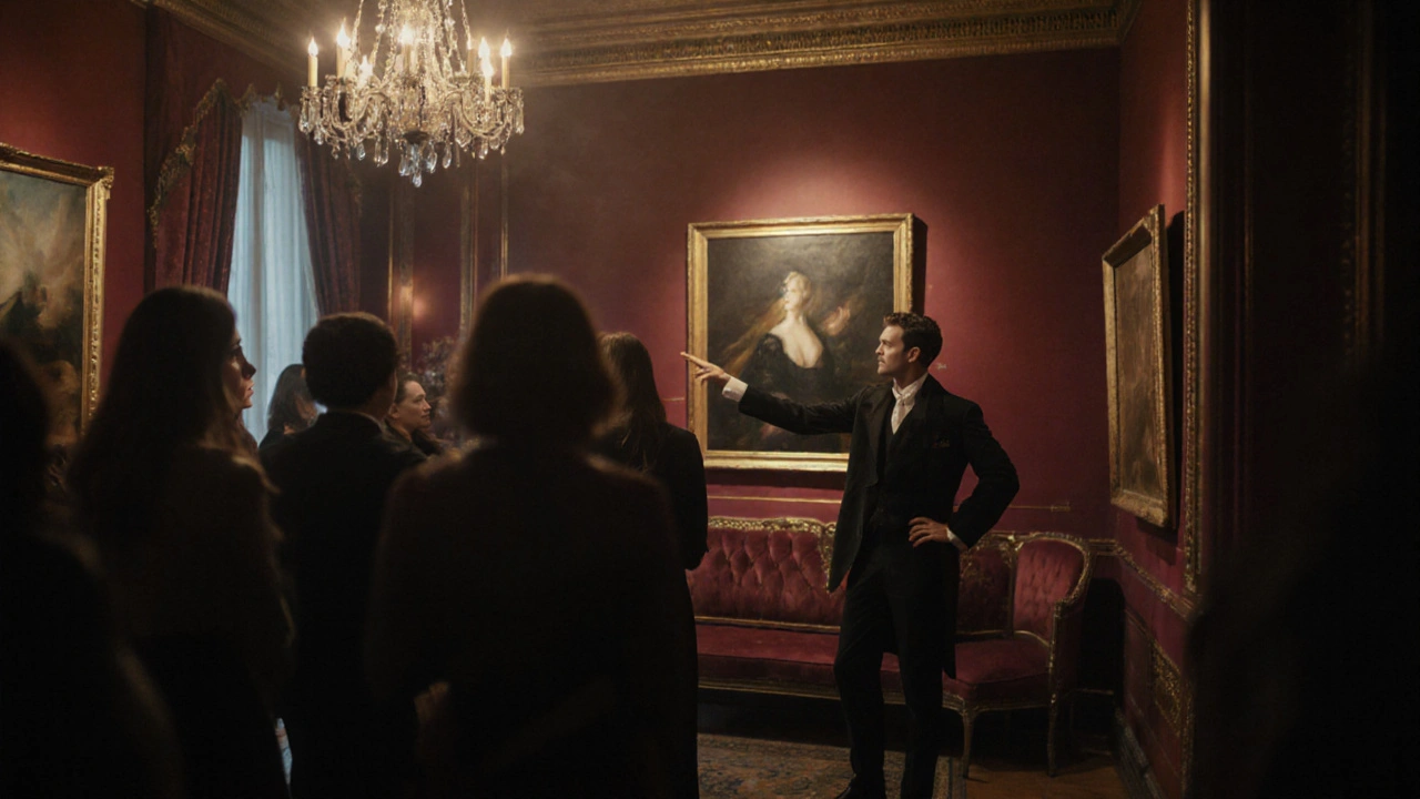 An elegant companion pointing to a painting at a private art gallery opening, surrounded by soft ambient light and quiet guests.