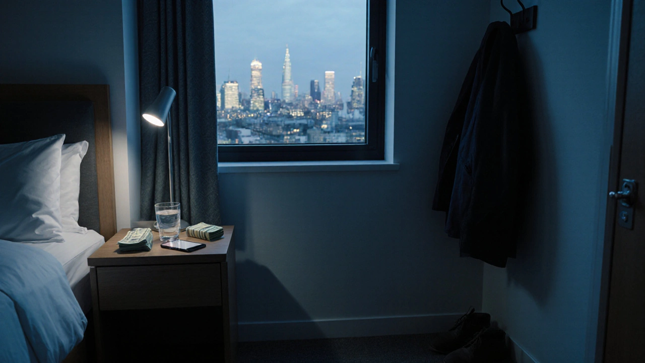 An empty hotel room in Stratford with cash on the nightstand, conveying a respectful, private farewell.