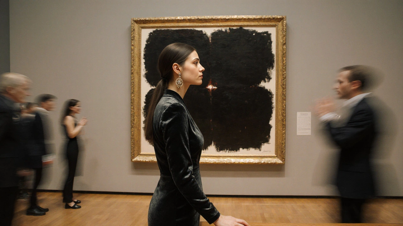 An escort contemplating art at Tate Modern under gallery lighting