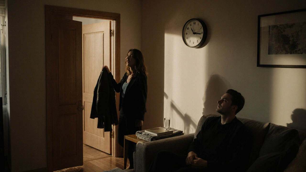 An escort hands a client his coat in a calm, elegant Chelsea apartment, conveying punctuality, respect, and emotional safety.