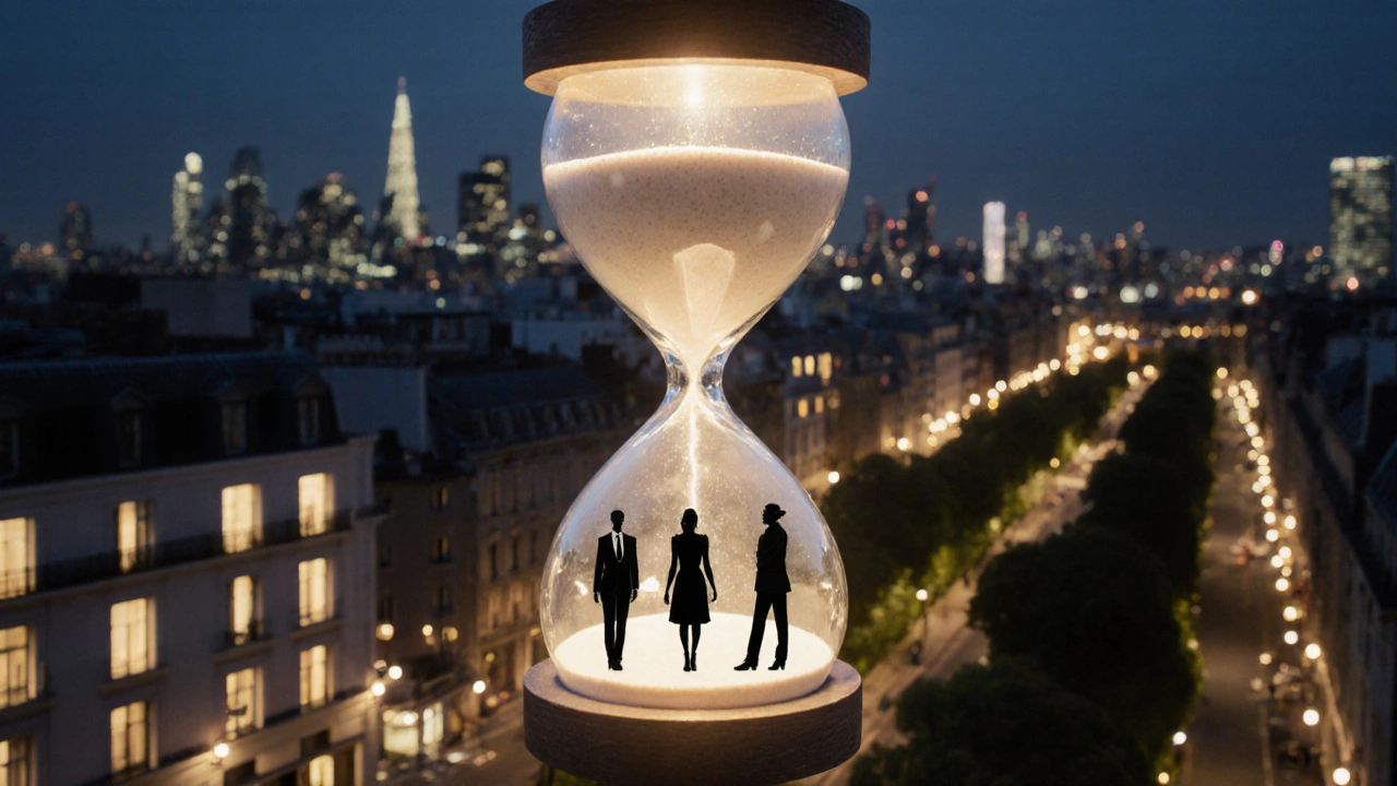 An hourglass above London&#039;s skyline transforms sand into silhouettes of different companions, symbolizing human connection.