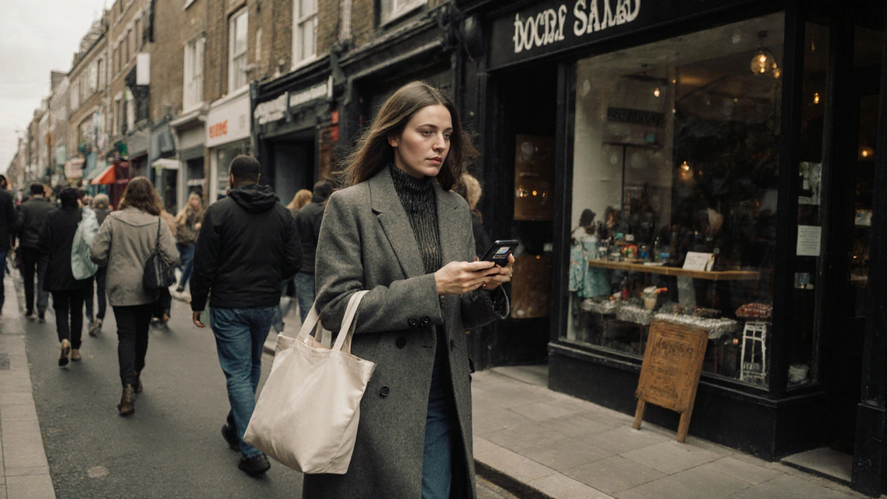 An independent escort walking through Dalston, blending into the neighborhood’s vibrant street life.