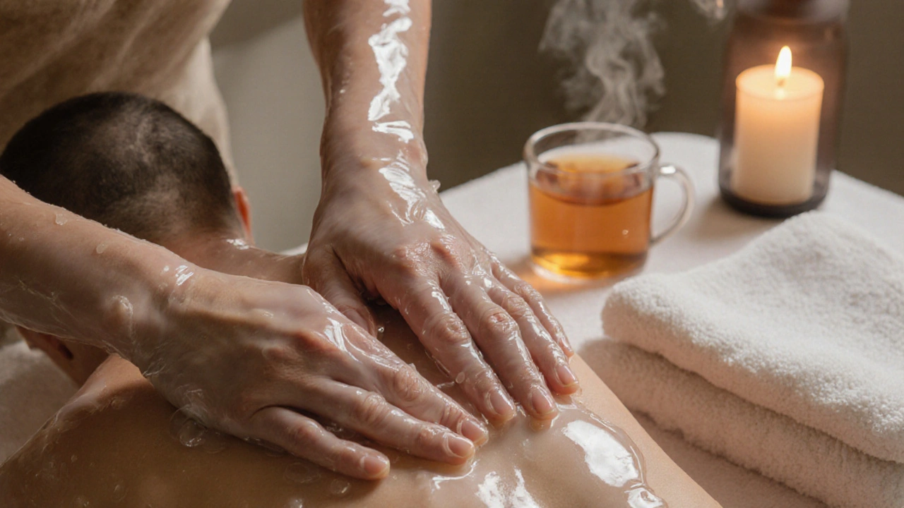 Close-up of gel-coated hands moving gently over a bare back, with steam and candlelight suggesting a peaceful aftercare moment.