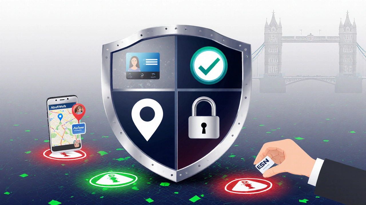 Conceptual shield with safety icons hovering over Central London map, symbolizing secure escort booking practices.
