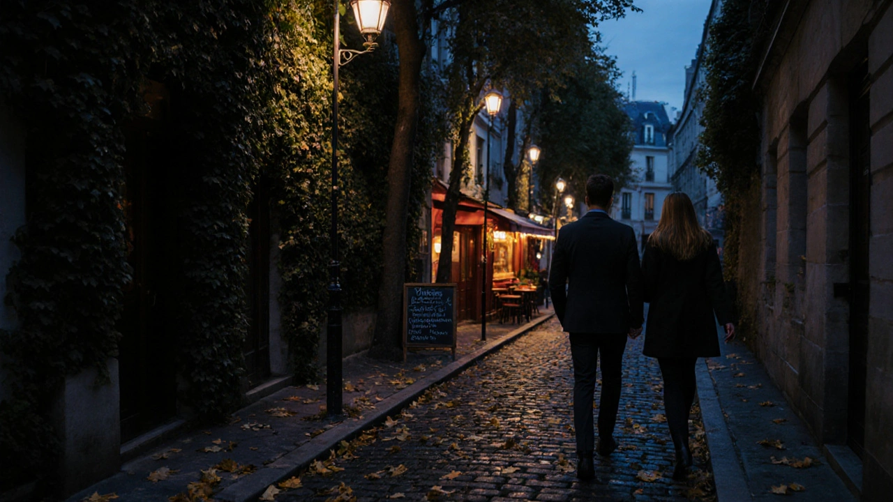 Couple walking under autumn trees in 17th arrondissement, bistro glowing in distance, leaves falling softly.