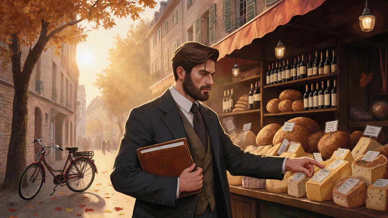 Cultural companion exploring Marché d’Aligre at dusk, pointing to artisanal cheeses under warm autumn light.