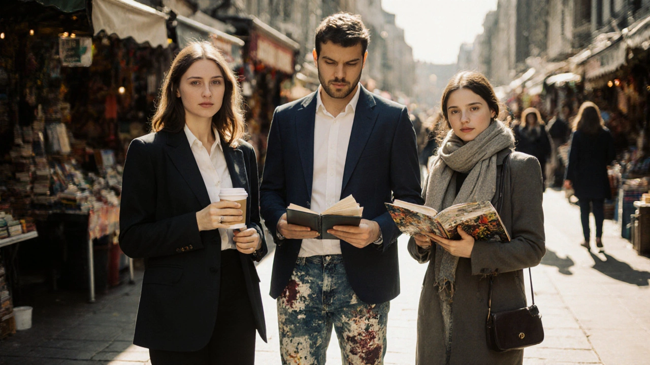 Diverse independent escorts in Camden, dressed as everyday professionals, standing in a vibrant street market.