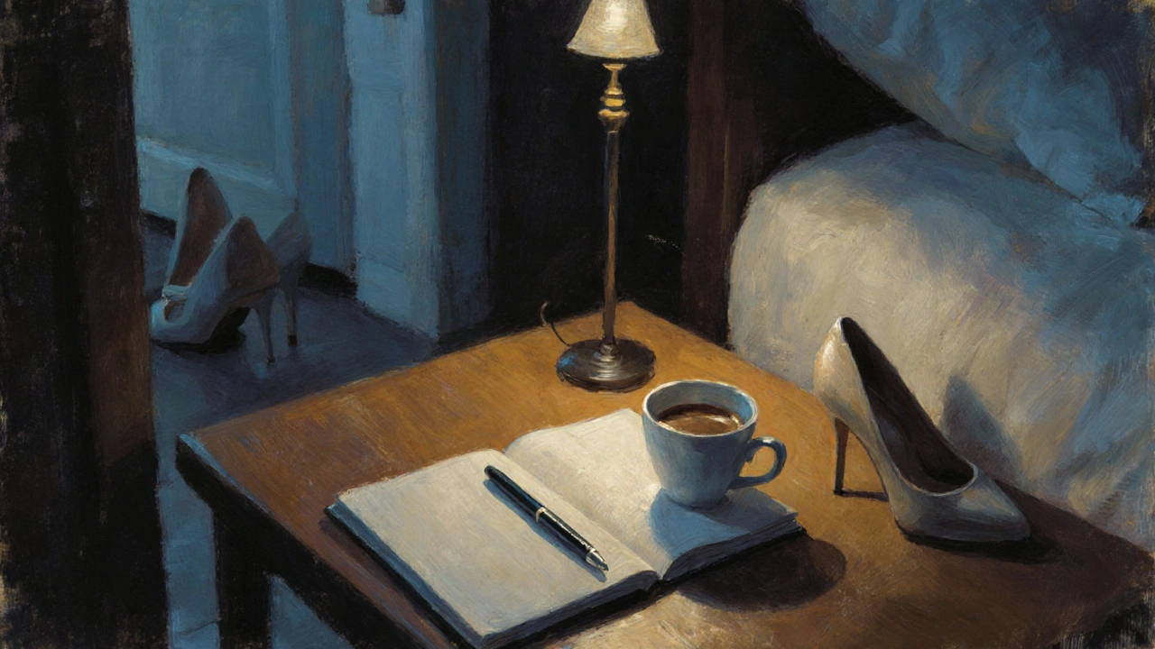 Empty Paris 13 apartment interior with coffee, notebook, and heels—suggesting a quiet, meaningful encounter.