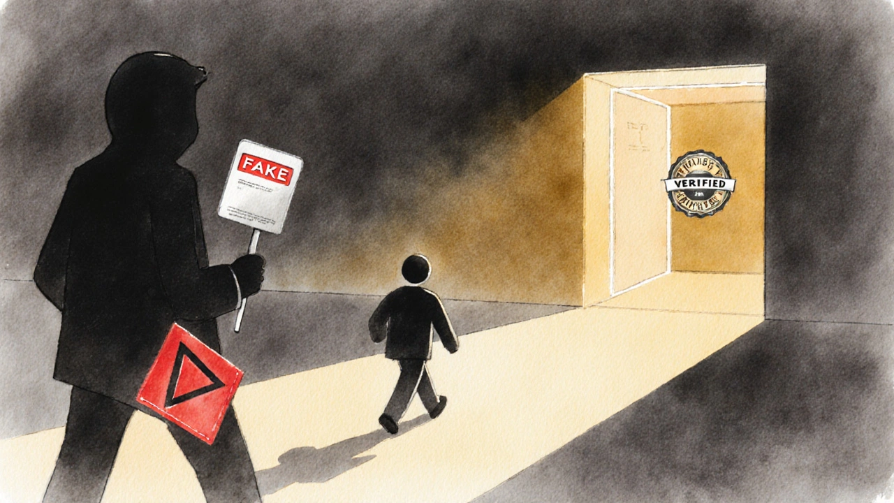 Figure walking away from a shadowy scammer toward a safe hotel entrance with a verified badge.