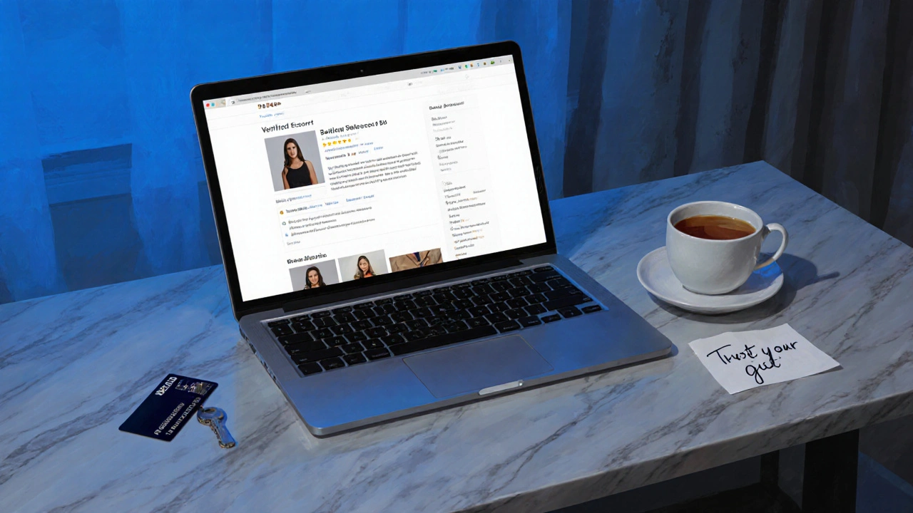 Laptop displaying a verified escort profile with tea and note reading &#039;Trust your gut&#039; on a marble surface.