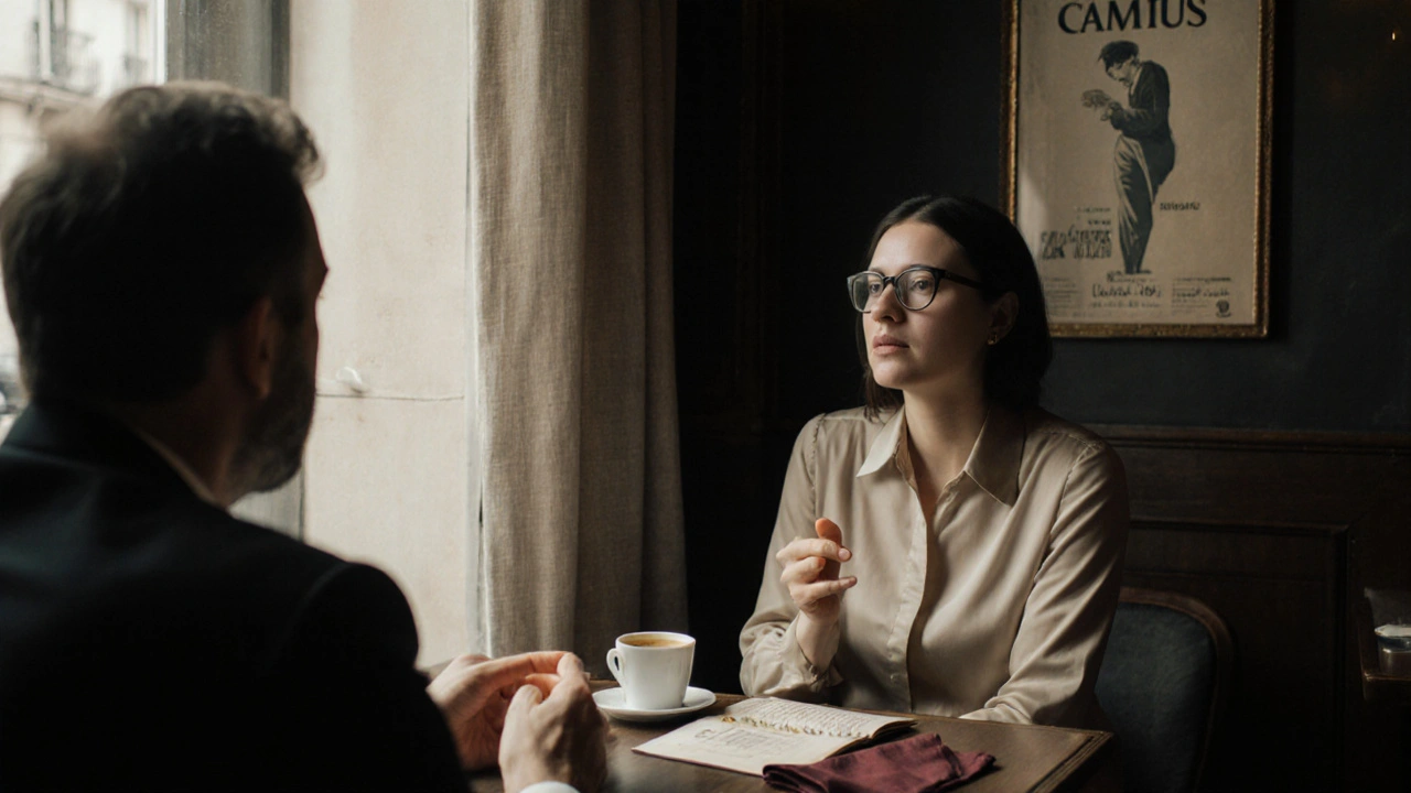 Man and woman having quiet coffee in Paris café, reading Camus, natural morning light, no phones.
