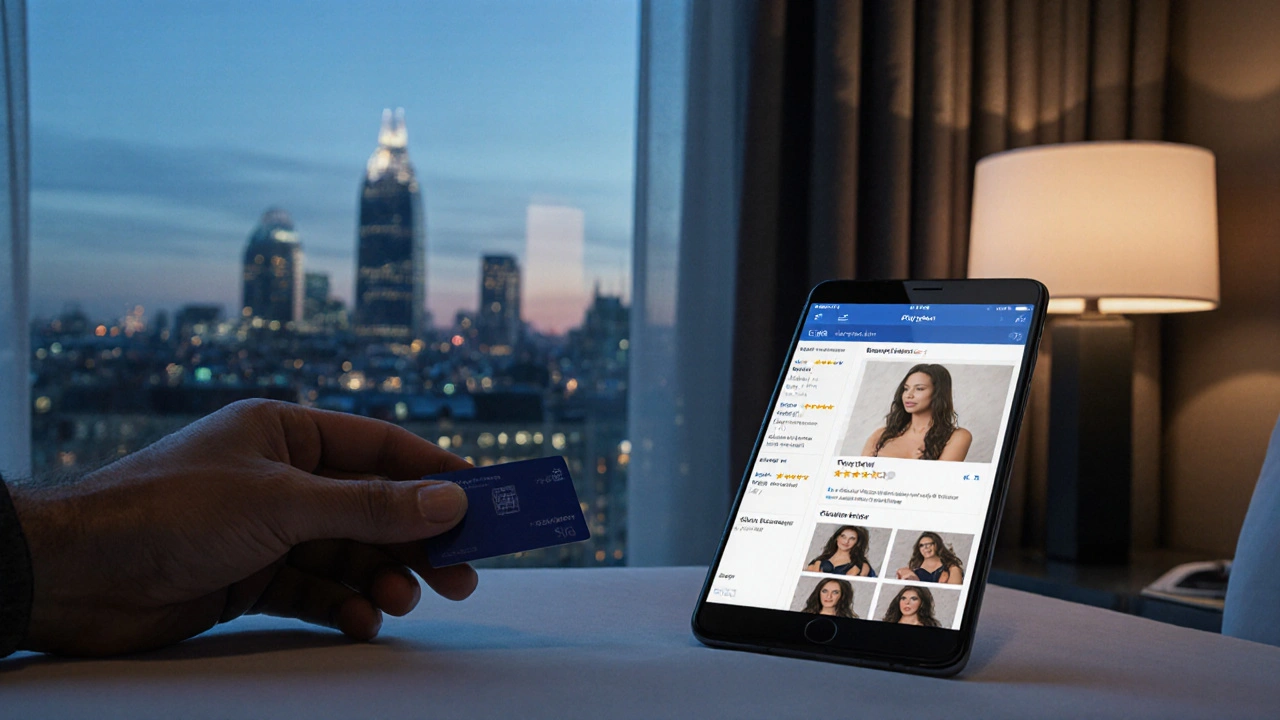 Man placing a prepaid card on a hotel room table with a verified escort profile on screen.
