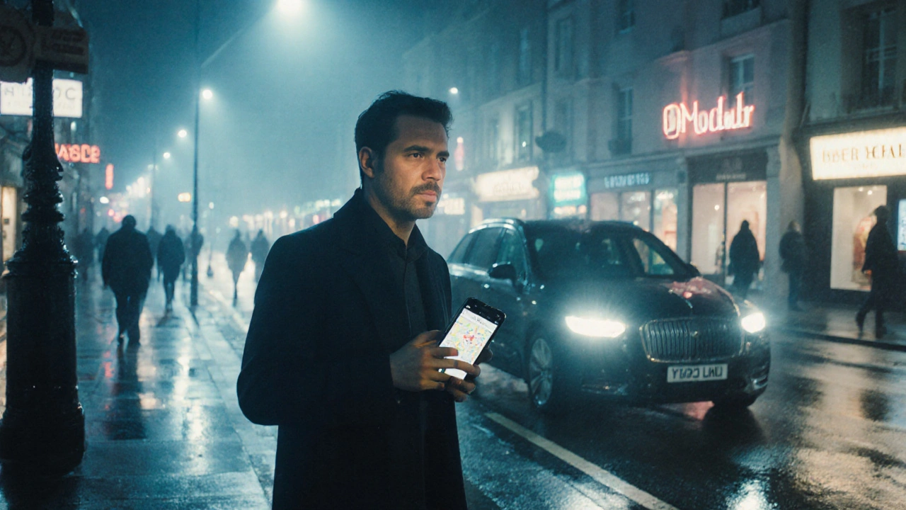 Man walking at night in Central London, holding a phone with a hotel address, an Uber waiting nearby under neon lights.