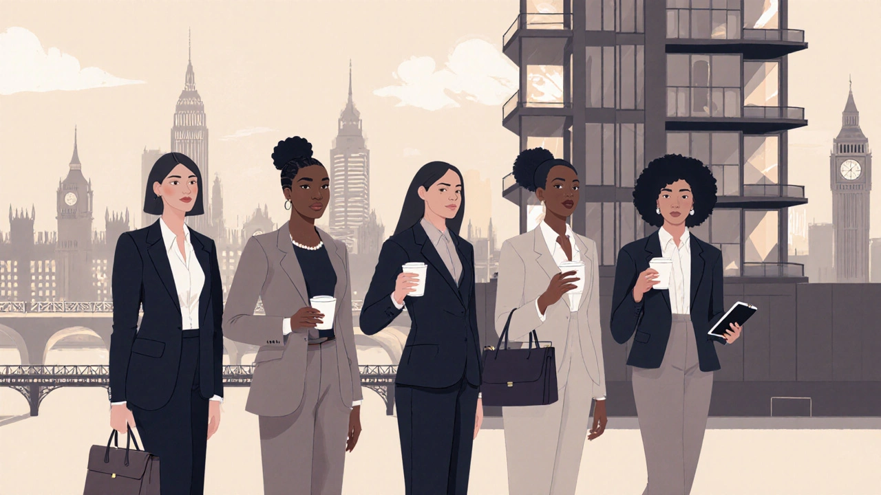 Professional women of diverse body types stand confidently together outside a London apartment building, symbolizing autonomy and dignity.