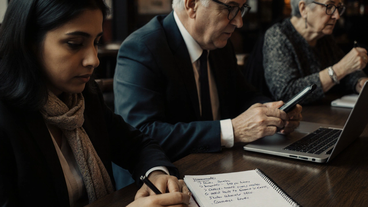 Three diverse individuals in a London café, one with notes on escort work, normalizing the experience.