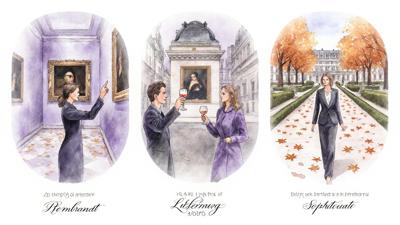 Three elegant women in Parisian settings: art lover, socialite, and quiet observer in soft watercolor.