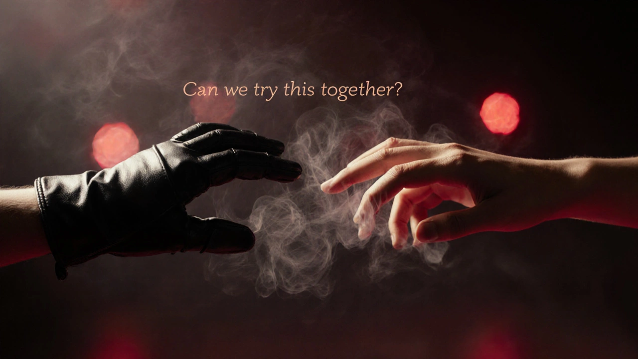 Two hands reach toward each other with floating words suggesting consent and collaboration, set in a moody cinematic style.
