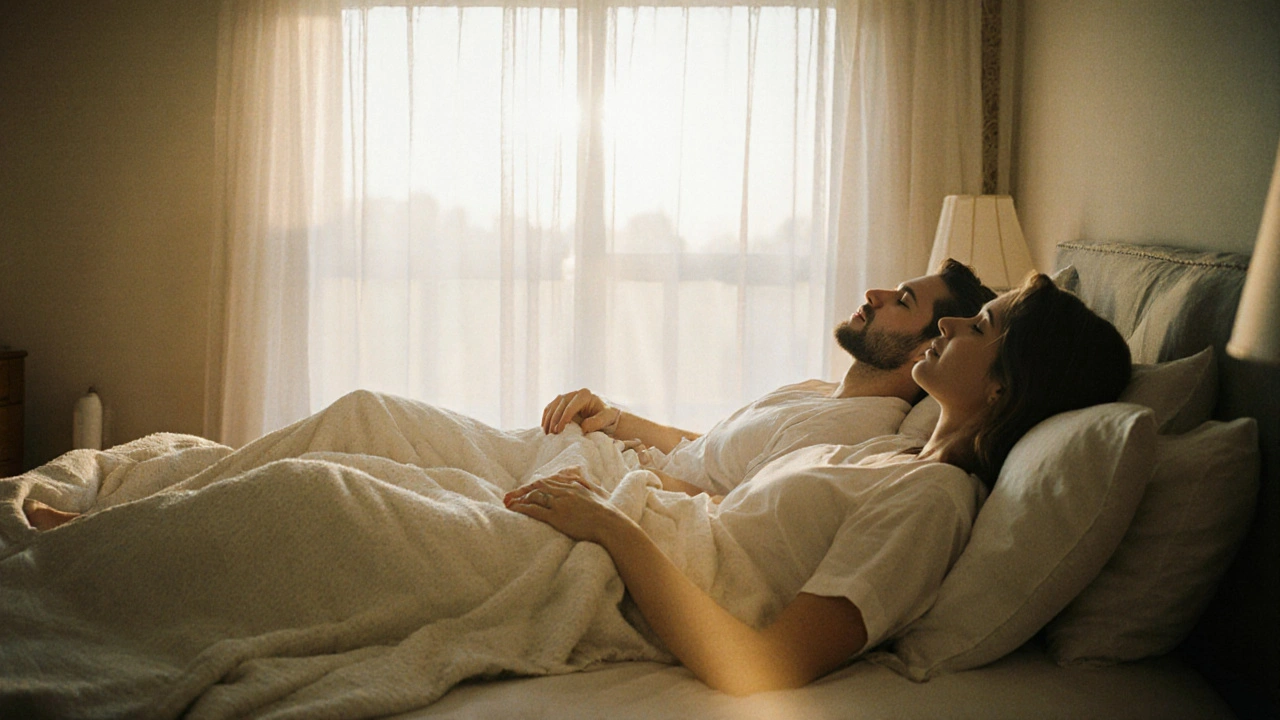 Two people lying side by side in quiet companionship on a bed, bathed in soft evening light, no physical intimacy implied.