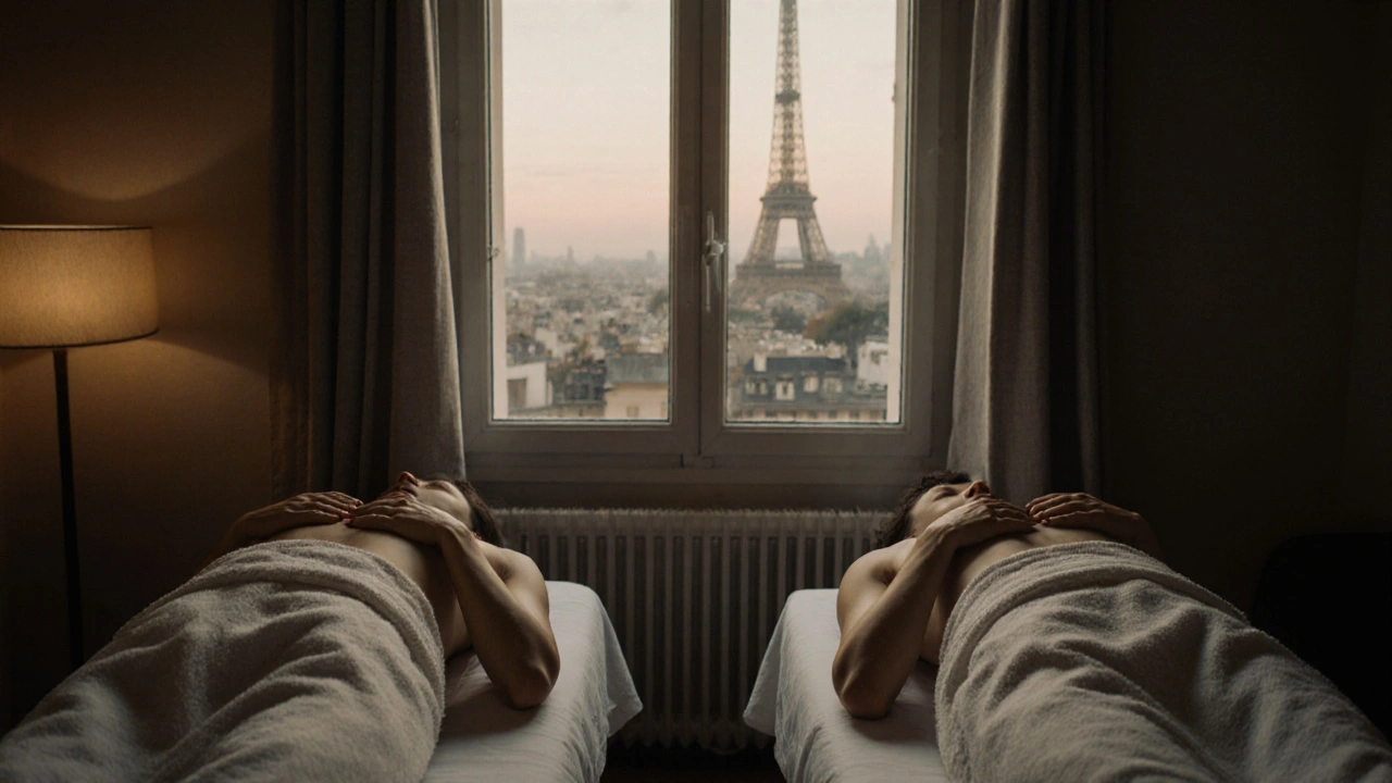 Two people receiving simultaneous sensual massage in a quiet Paris apartment, Eiffel Tower visible through the window at dusk.