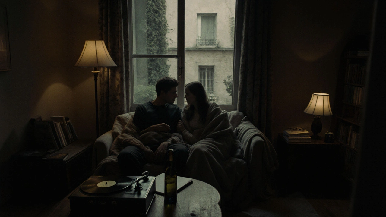 Two people relaxed on a couch in a softly lit bedroom, sharing quiet conversation with a record playing.
